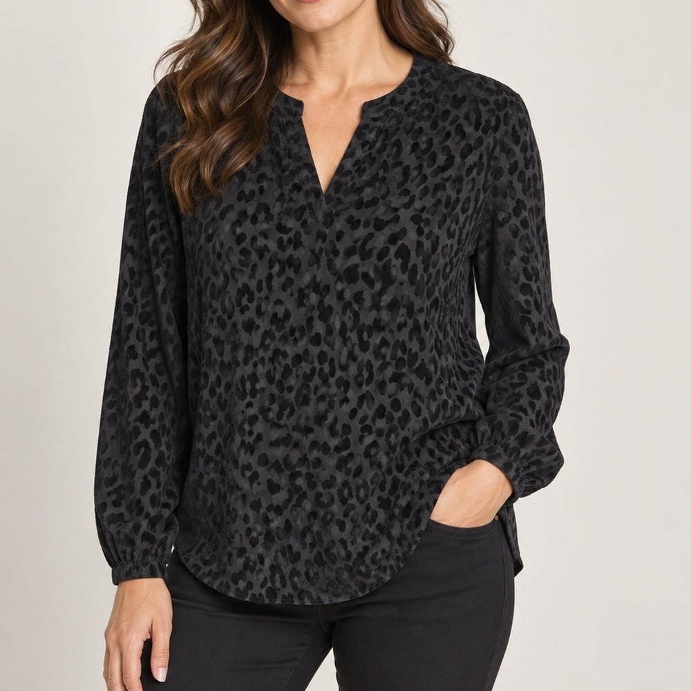 Black Leopard Flocked Velvet Blouse Womens XL Split Neck Long Sleeve Anne Klein